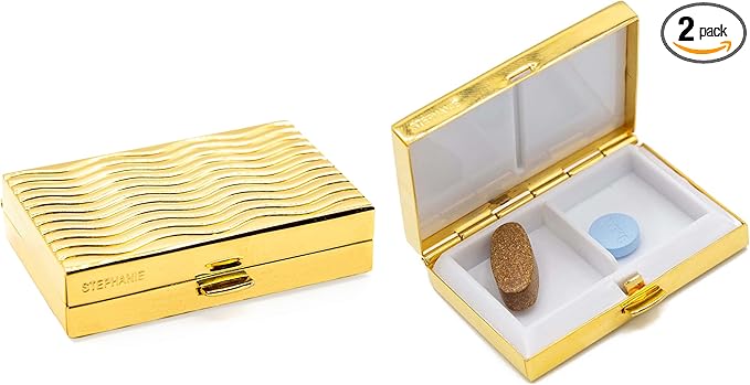 Stephanie Imports Set of 2 Rectangular-Shaped Pocket Purse Pill Box & Organizer With Dual Compartments (Gold Waves)