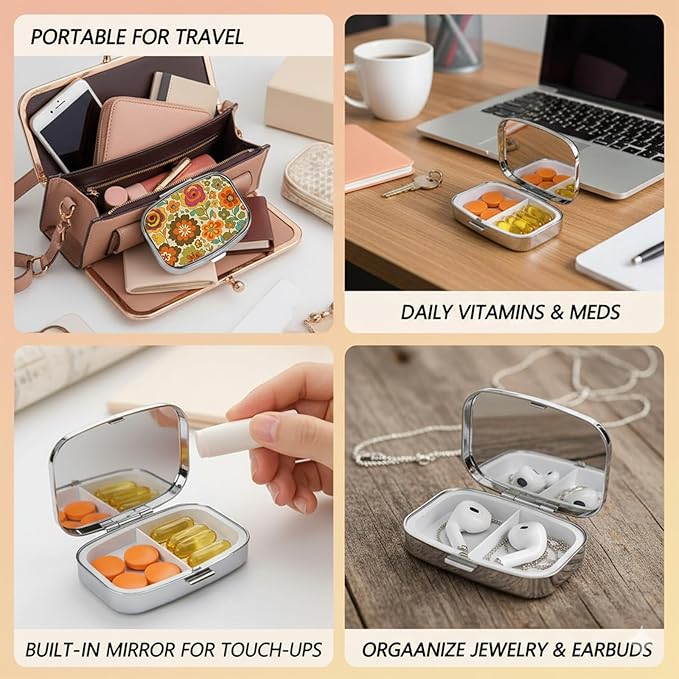 Square Pill Case Small Pill Box with Mirror Pocket 2 Compartment Vitamin Pill Medicine Case Organizer Pill Containers for Traveling Vintage Flower Petals Two