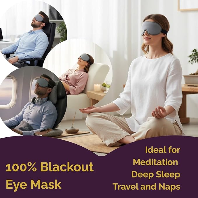 3D Contoured Eye Mask for Travel - 100% Blackout Sleep Mask for Men Women - Zero Eye Pressure Adjustable Eye Cover for Nap, Office & Meditation, Comfortable & Soft - Slate Gray