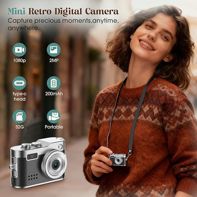 Mini Digital Camera, Keychain Camera 1080P HD with 2MP Lens, Flash, Video Recording, 32G Card Included, Portable and Compact Retro Vlog Camera for Travel, Kids, Black
