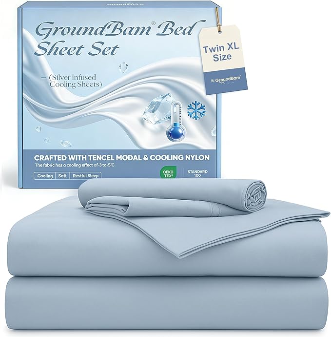 Silver Infused Bed Sheets Set, Cooling Tencel Sheet with Self-Cleaning Technology for 3X Freshness Sleep, Hypoallergenic & Breathable sheet Perfect for Hot Sleepers & Sensitive Skin (Blue, Twin XL )