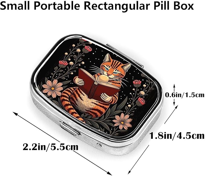 ABLESKY Pill Box, 2 Compartment Pill Organizer Case for Pocket or Purse, Small Portable Metal Travel Medicine Box with Mirror, Daily Vitamins Fish Oil Container-Vintage Reading Cat