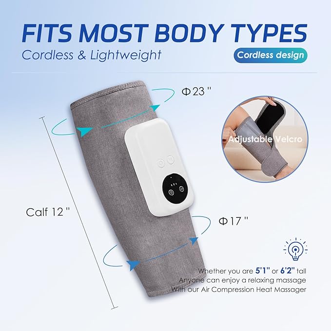 Air Compression Leg Massager, Cordless Calf Massager with Heat, Air Compression Leg Massage for Circulation and Pain Relief, Gifts for Dad Mom Men Women, Gray (Single)