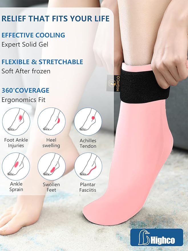 highco Ankle Ice Pack Wrap for Swelling and Injuries Recovery,Reusable Gel Ice Pack for Foot and Ankle,Ice Cold Compression Sock for Foot Heel Wrap,Tendonitis,Plantar Fasciitis,Swelling,Sprained,Pink