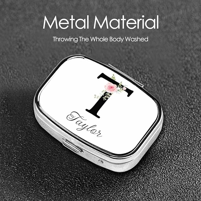 Custom Pill Box Personalized Square Small Pill Case with Mirror Add Your Photo Text Logo Name Decorative 2 Compartment Portable Metal Medicine Container Vitamin Organizer for Pocket Purse Travel (T)