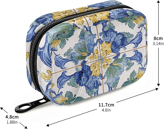 Vintage Floral Blue and Yellow Tile Travel Pill Organizer Case Box Container Weekly Portable Vitamin Medicine Holder Storage Bag with Zipper Removable