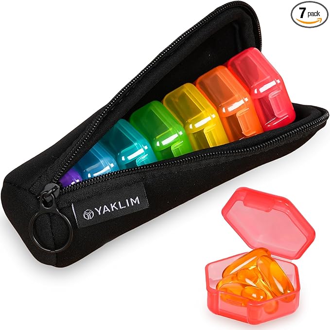 Small Pill Box, 7 Packs Travel Pill Case with Bag, Mini Pill Organizer for Pocket Purse, Daily Portable Medicine Vitamin Box, Fish Oil, Portable Medicine Pill Organizer for Supplements