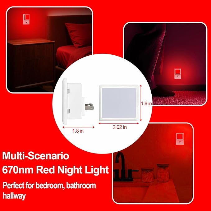 670nm Red Light Night Light for Sleep[8 Pack]- Zero Blue Light, Diammble & Energy Efficient 0.3W Night Light Plug into Wall with Dusk-to-Dawn Sensor for Nursery, Bedroom, Bathroom