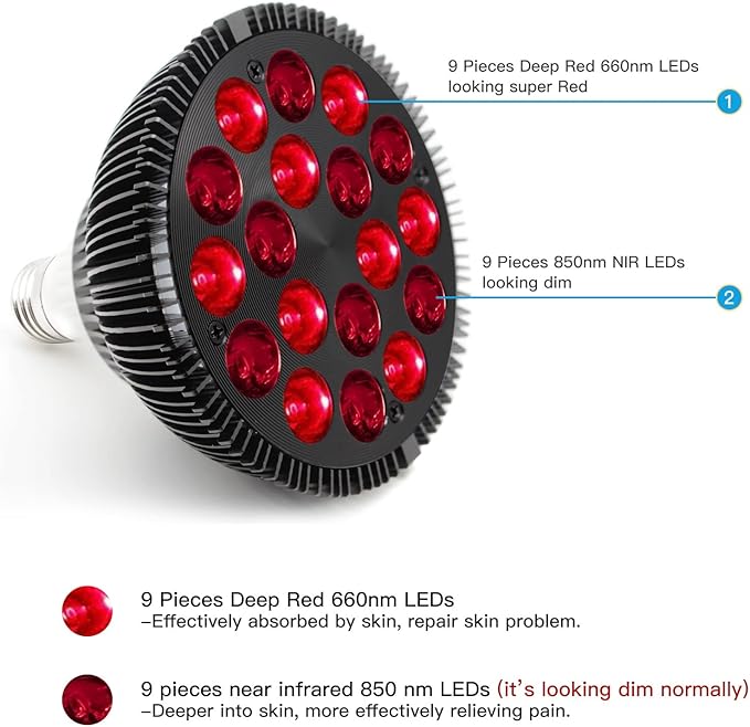 Red Light Therapy Lamp, 18 LED, 54W, Infrared & Red Light Combo Device for Face & Skin Health, Pain Relief