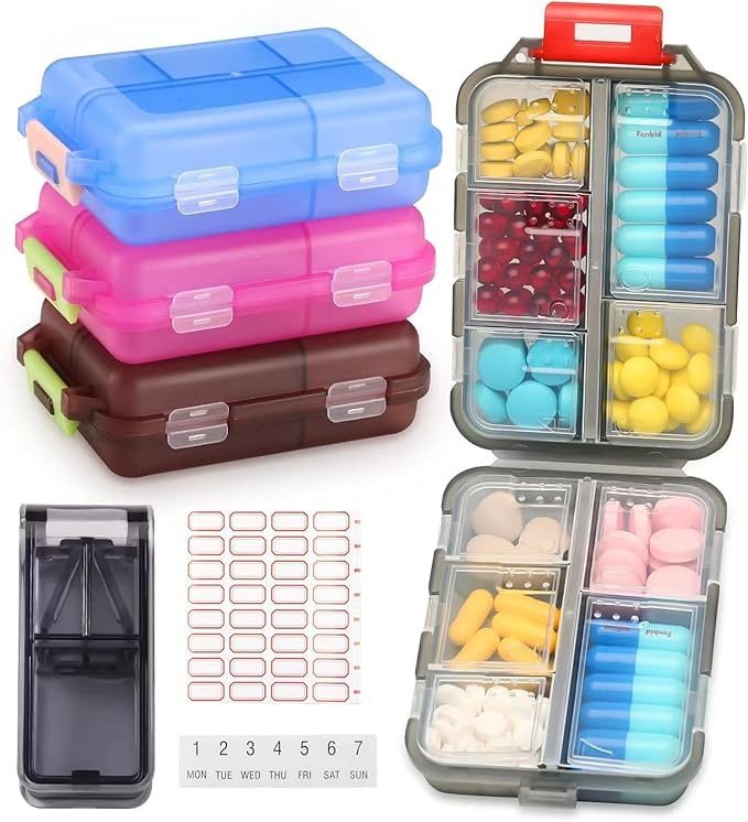 4 Pack Travel Pill Organizer Small Pill Case Pocket Pill Box Portable Medicine Organizer Box with Lables and Pill Cutter (Multi-Colored)