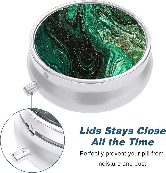 Pill Case, Cute Travel Pill Box for Purse, Moisture Proof Small Medicine Holder, Portable Pocket Medicine Organizer Dispenser to Hold Vitamins, Cod Liver Oil, Supplements, Green Ocean Marble