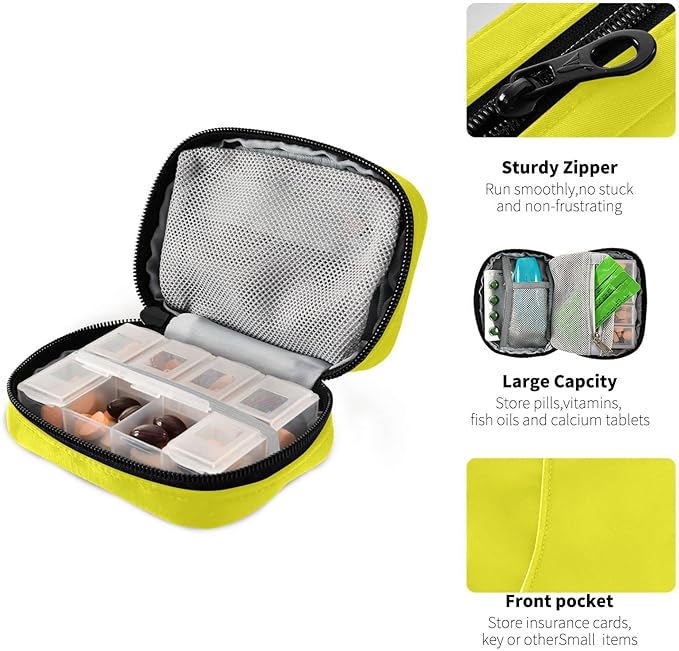 Kigai Yellow Solid Color Pill Case, Portable Weekly Daily Pill Case Bag Organizer with Zipper for Vitamins Medicine Supplements Travel Family Business