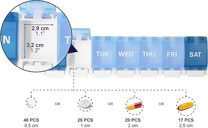 KMINA Pill Organizer Large with Push Button, Weekly Medicine Pill Organizers, 7 Day Pills Box Case Travel for Big Vitamin Supplements