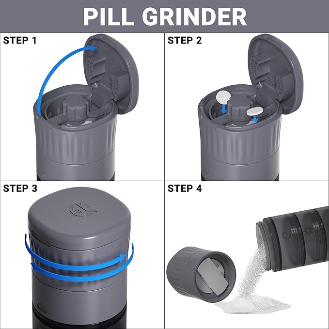 READAEER Pill Organizer, Pill Cutter, Pill Grinder, 3 in 1 Function Portable Pill Case for Trave（Gray
