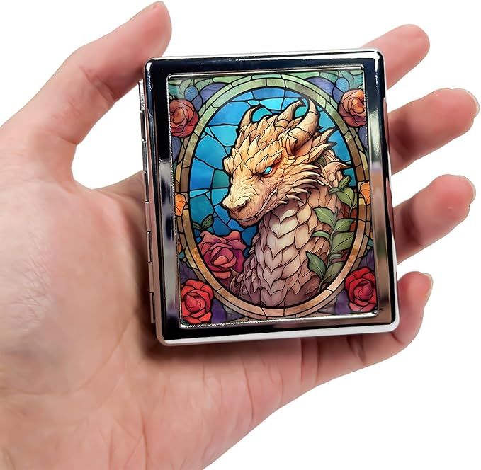 Cute Travel Pill Box Organizer with 8 Compartments - Compact and Fashionable Pill Case with Mirror - Ideal for Medications (Dragon Stained Glass)
