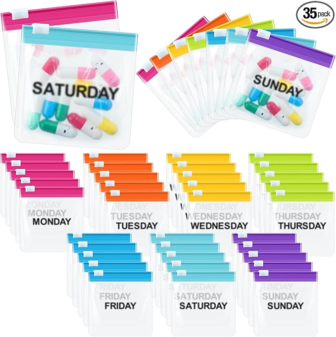 Sherr 35 Pcs Pill Pouch Bags Zippered Pill Pouch Set Reusable Translucent Medicine Organizer Self Sealing Medicine Organizer Travel Plastic Bags with Slide Lock for Storage(Elegant,Elegant Colors)