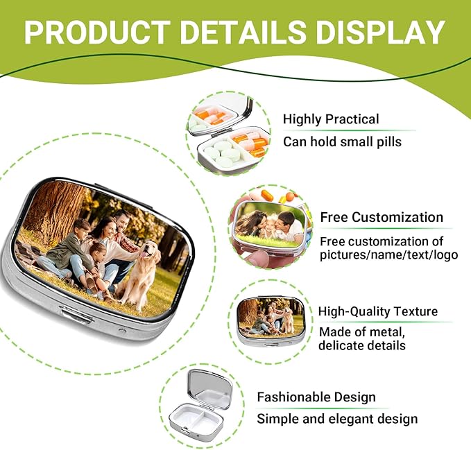 Custom Pill Box Organizer Travel With Photo,Logo,Text Personalized Metal Medicine Pill Case Waterproof Tablet Vitamin Holder Organizer for Purse Pocket Travel Gifts with Mirror&Key Rings 2 Compartment