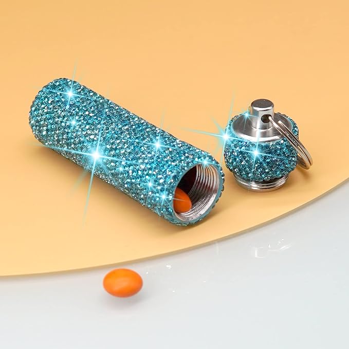 Yuchew Bling Pill Case Pill Container Rhinestone Pill Box Portable Waterproof Pocket Pill Holder Bottle Storage with Keychain for Travel, Outdoor, Camping (Blue)