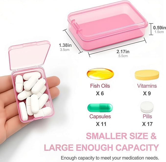 6 PCS Small Pill Box, Tiny Pill Case,Mini Clear Plastic Storage Containers Cute Travel Pill Organizer Case Portable for Pocket Purse Briefcase (Pink)