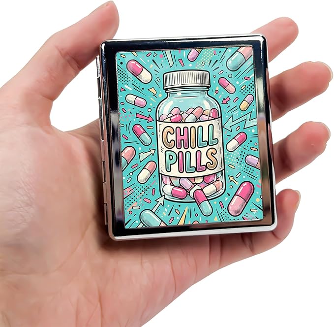 Metal 7 Day Pill Organizer, Cute Small Weekly Pill Case with 8 Compartments for Travel, Moisture-Proof Medicine Holder for Purse, Compact Daily Vitamin Box (Chill Pills)
