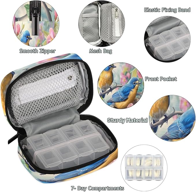 Animal Bird Pink Flower Travel Pill Organizer Box Weekly Portable Pill Case Daily Pills 7 Day Small Birth Control Pills Container Removable Compartments for Medicine Vitamins Fish Oil