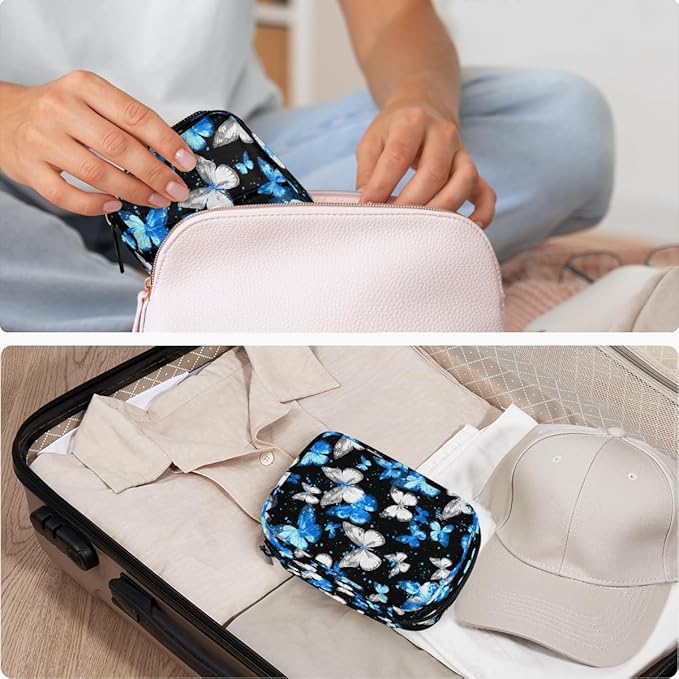 Beautiful Blue Butterflies Pill Case Travel Pill Organizer Weekly 7 Day Portable with Zipper Medicine Box Pill Case for Vitamins, Birth Control,Fish Oils,Medication, Supplements
