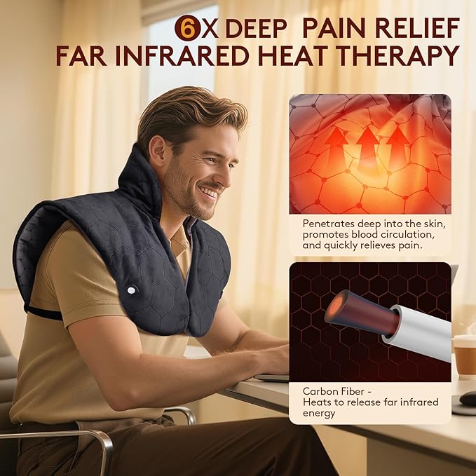 Far Infrared Heating Pad for Neck and Shoulders and Back - 6X Deeper Pain Relief, Graphene 30s Fast Heat, 8 Heat Setting, 16 Timer, Automatic Memory, Weighted Heating Pads Gift for Women&Men (Black)