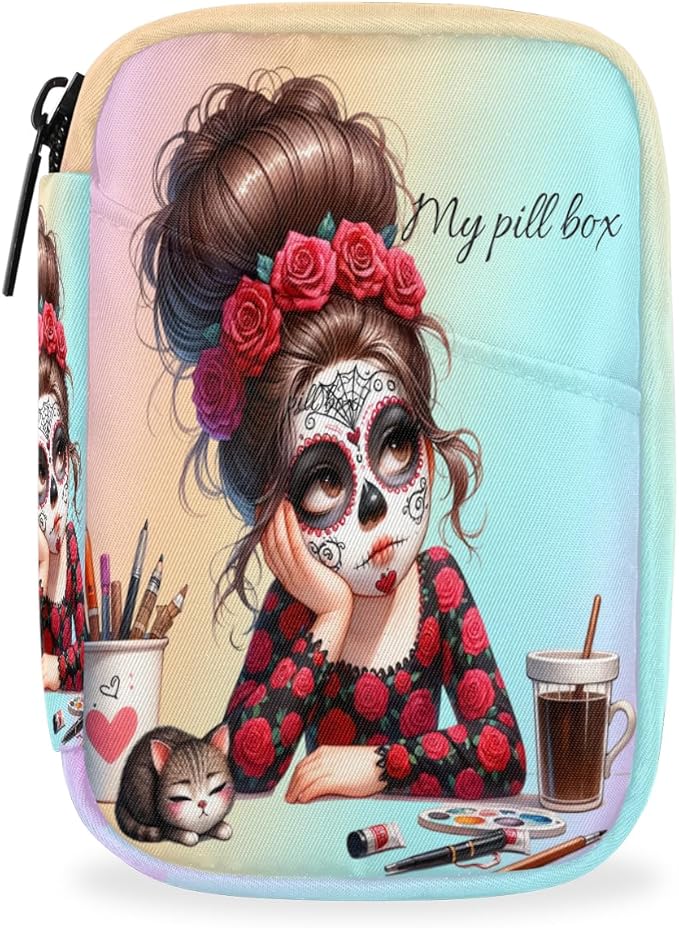 Red Rose Girl Skull Travel Pill Organizer Box Weekly Portable Pill Case Daily Pills 7 Day Small Birth Control Pills Container Removable Compartments for Medicine Vitamins Fish Oil