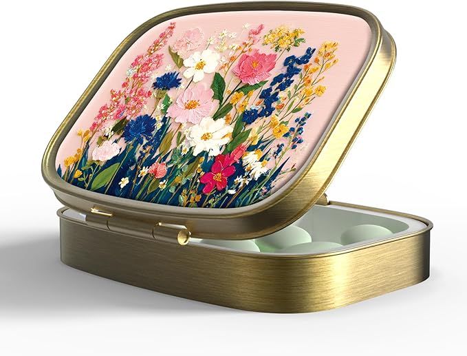 Small Pill Box Pill Case with Mirror Retro Pocket 2 Compartment Pill Holder for Purse or Pocket Bronze Portable Medicine Vitamin Container Fish Oil and Supplement Storage BPA-Free