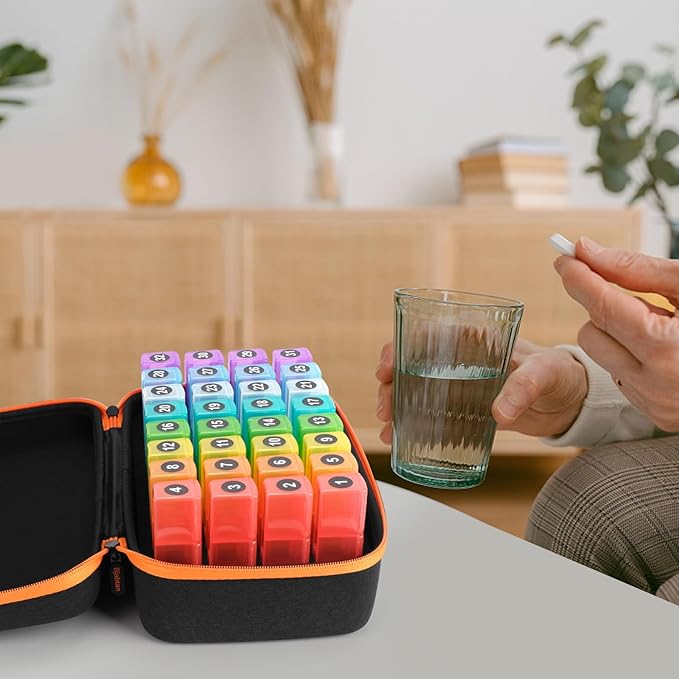 Monthly Pill Organizer 3 Times a Day, Small 30 Day Month Pill Box Organizer with Travel Case, Monthly Medicine Organizer with 32 Daily Compartments for Vitamin, Fish Oil and Supplements
