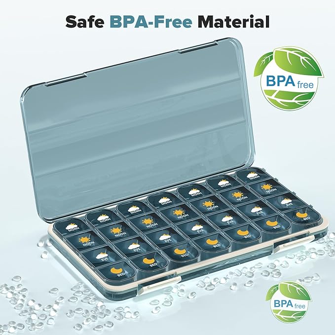 Pill Organizer 7 Day, Weekly Pill Box, Pill Case Large 28 Compartment, Portable Daily Medicine Container (Blue) (Blue, Large)