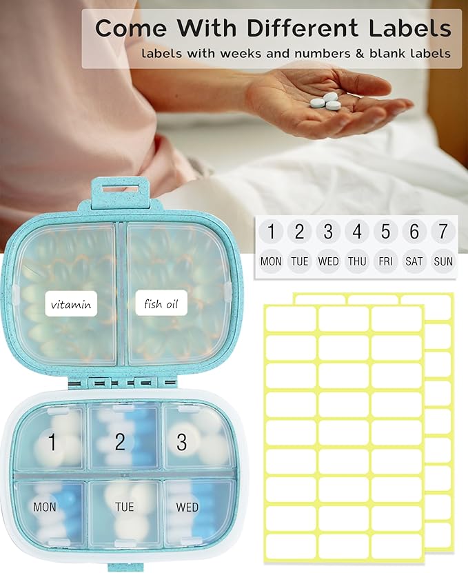 8 Compartments Travel Pill Organizer, Daily Pill Case Small Pill Box for Pocket Purse, Portable Pill Container Medicine Vitamin Organizer (Blue)