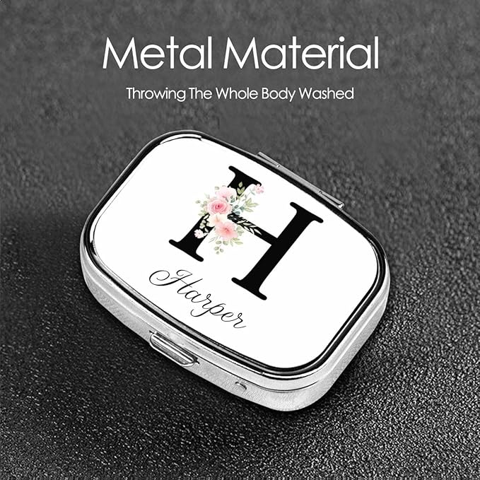 Custom Pill Box Personalized Square Small Pill Case with Mirror Add Your Photo Text Logo Name Decorative 2 Compartment Portable Metal Medicine Container Vitamin Organizer for Pocket Purse Travel (H)