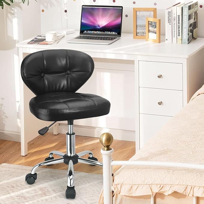 JOSTZHXIN Home Rolling Stool, PU Leather Rolling Chair with Back, Height Adjustable Swivel Chair for Teen Petite Adults,Black