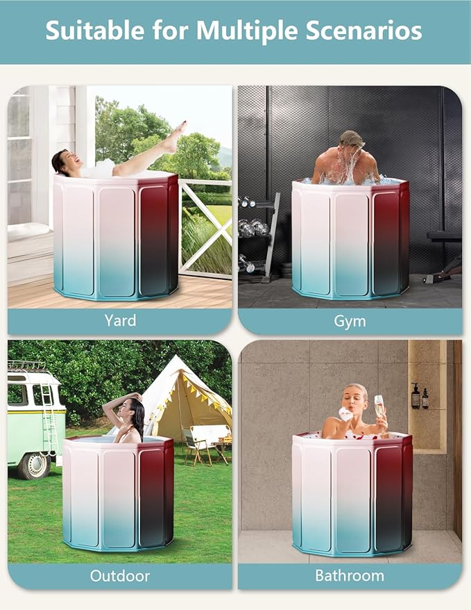 Portable Bathtub for Adults, Collapsible Freestanding Bathtub for Shower, Hot Ice Bath Tubs with Thickened Thermal Foam to Keep Temperature, PVC Outdoor Soaking Tub (Blue-pink Gradient)