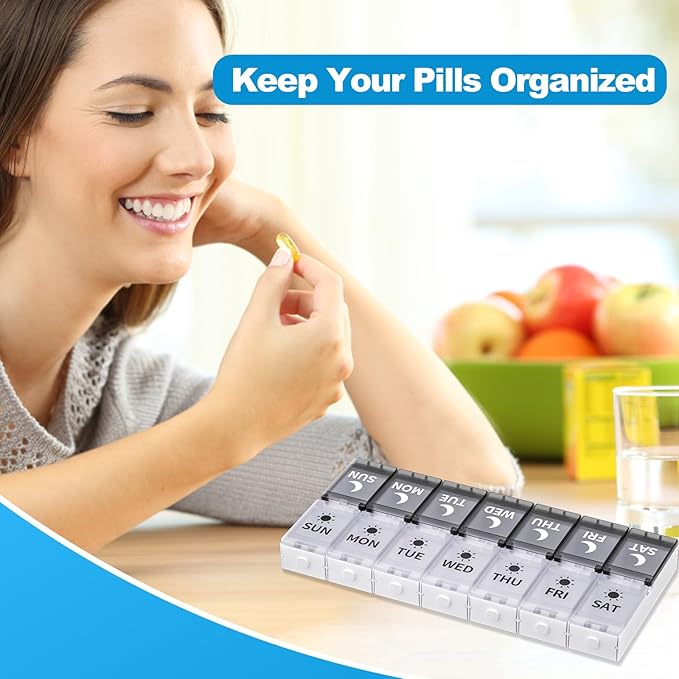Push Button Weekly Pill Organizer 2 Times a Day, Medicine Pill Organizer with Label, Pill Box Case 7 Day AM PM, Pill Container for Vitamins, Fish Oil, Supplements Medication (Black & White)
