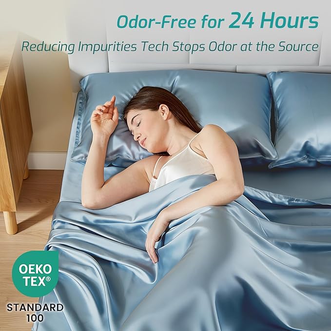 Silver Infused Bed Sheets - 20% Silk Ultra-Soft Temperature-Regulating Fabric with Self-Cleaning That Stays Fresh 3X Longer for Hygienic Sleep (Light Blue, King)