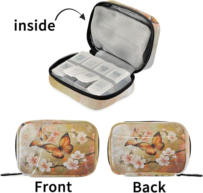 Fustylead Flying Butterflies and Cherry Flower Oil Painting Pill Organizer Travel Bag, Small Portable Pill Case Cute for Vitamin Fish Oil Supplements Medicine Organizer with Zipper