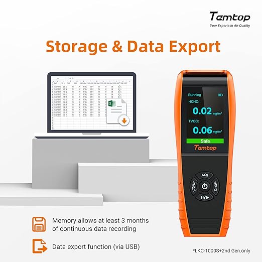 Temtop Air Quality Monitor PM2.5 PM10 Particle Counter, Formaldehyde, Temperature, Humidity, TVOC AQI Tester for Indoor/Outdoor Air Pollution Detection w/Data Export