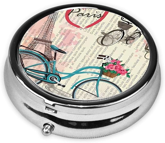 Eiffel Tower Bike Printed Round Travel Pill Box Cute Small Metal Pocket Pill Case for Men & Women 3 Compartment Portable Pill Organizer for Purse or Pocket