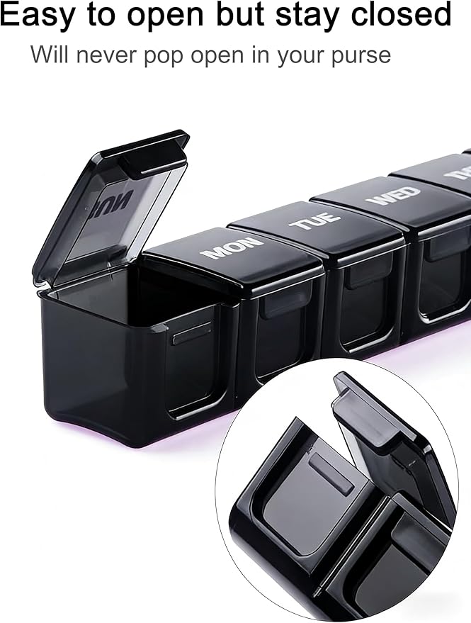 BUG HULL Weekly Pill Organizer Large 2 Packs, Extra Large Travel Pill Organizers, Pill Box 7 Day, Travel Pill Case, Medicine Pill Organizer for Vitamins, Supplements and Medications (Black+White)