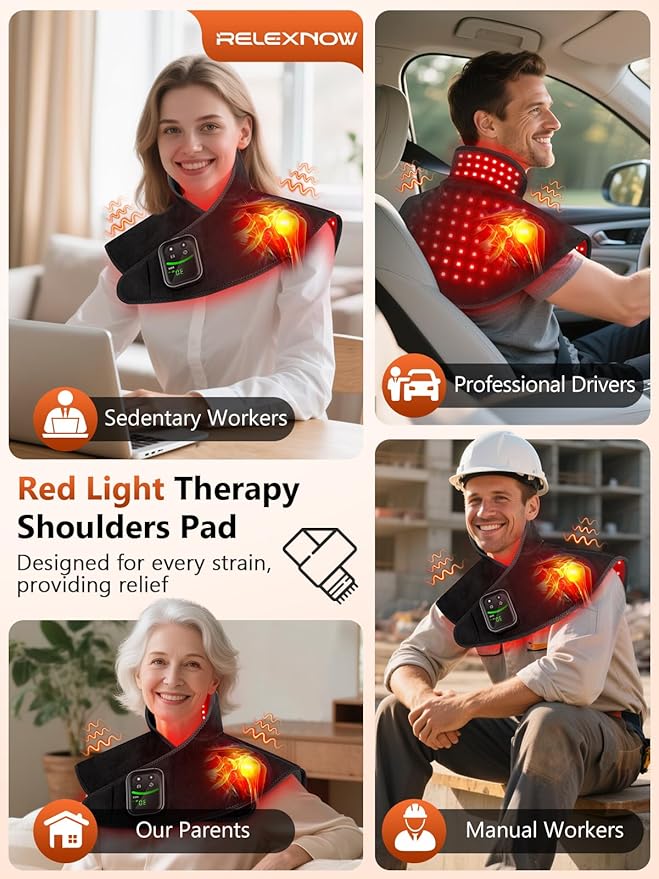 Red Light Therapy for Shoulders and Neck Massage with Heat, 5000 mAh Battery Cordless Near Infrared Red Light Therapy Pad for Body, Wearable Heating Pad for Upper Back, Shoulder & Neck