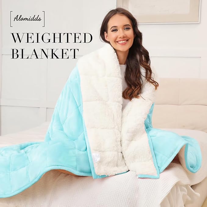 Alomidds Weighted Blanket Queen Size 15lbs 60x80 inches, Sherpa Heavy Blankets for Adults,Fluffy Warm Sherpa & Cozy Soft Flannel Thick Gravity Blanket for All-Season with Glass Beads, Aqua
