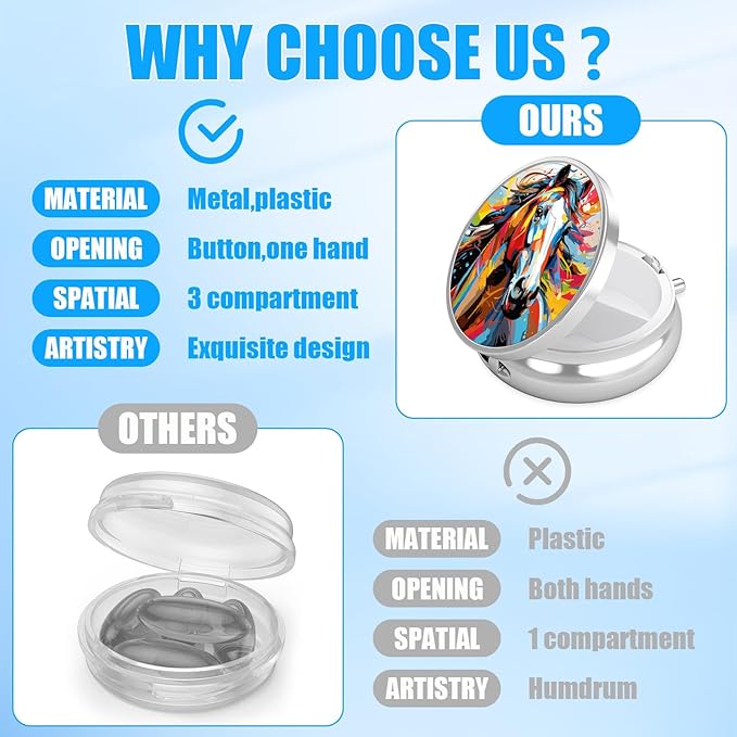 Colorful Horse Pill Case, Pill Box 3 Compartments Metal Small Pill Holder with Mirror Mini Travel Pill Container for Purse Pocket Women Men