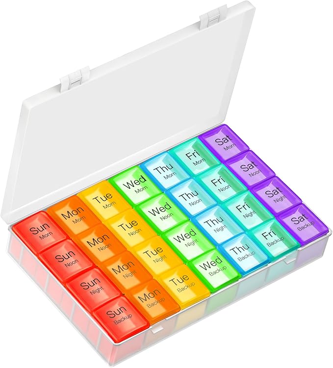 Large Weekly Pill Organizer, 4 Times a Day, 7-Day Moisture-Proof Pill Box with 28 compartments, Capable of Accommodating Large Amounts of Vitamins, Supplements, Fish Oil, and Medicine (White)
