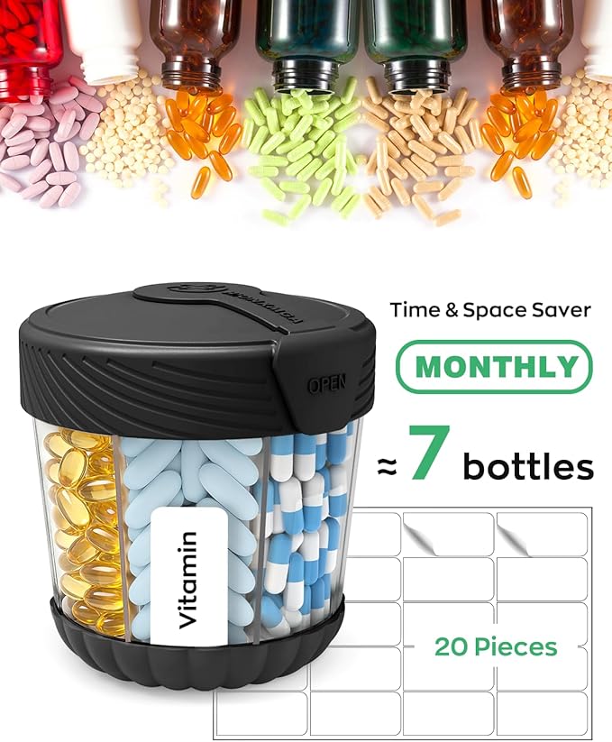 Large Pill Dispenser, Portable Pill Bottle Organizer for 7 Vitamins, Anti-Mix Supplement Organizer with Easy Twist Wide Opening, BPA-Free Pill Container, 20 Pcs Labels Included, Black