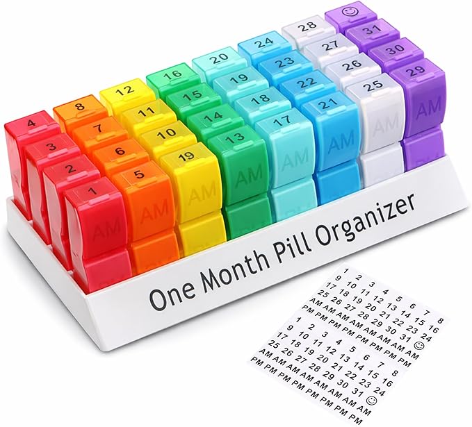 Monthly Pill Organizer 2 Times a Day, 30 Day Pill Box AM PM for Small Pill, 31 Day Vitamin & Medication Organizer with Removable Daily Compartments, DIY Number Labels, Portable Travel Pill Case