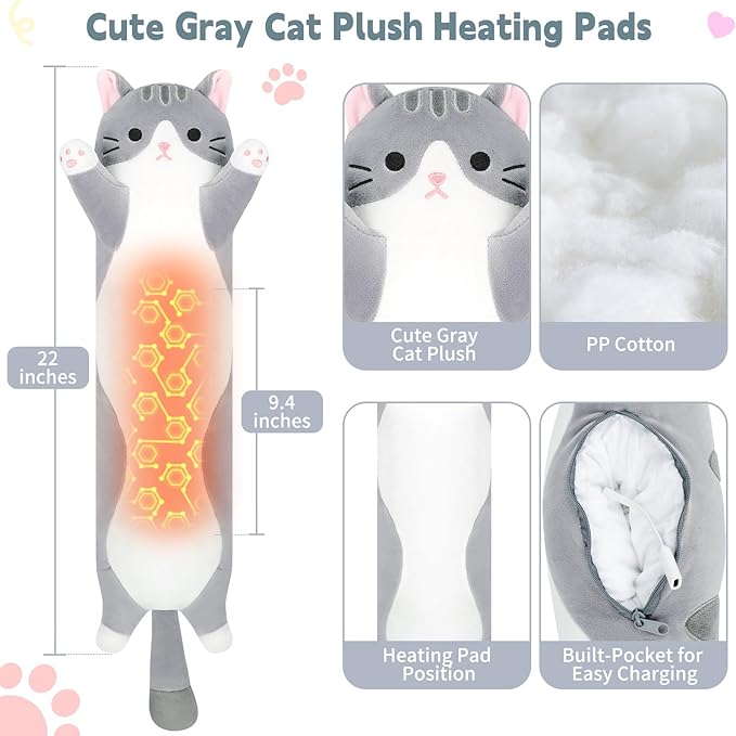 Cat Heating Pad-USB Heated Plush Stuffed Animals for Period Cramps and Menstrual Pain Relief,22” Portable Electric Kitten Heating Pads,Built-Pocket Plushie Women Girls Birthday Gifts,Gray