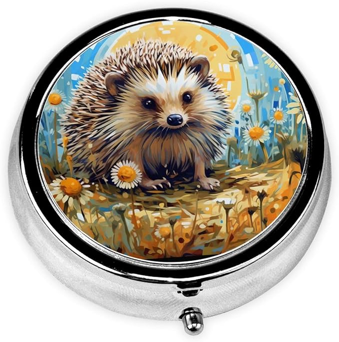 Cute Daisy Hedgehog Pill Box 3 Compartment Pill Case, Portable Medicine Pill Organizer for Pocket Purse Pill Box Decorative Metal Medicine Vitamin Organizer