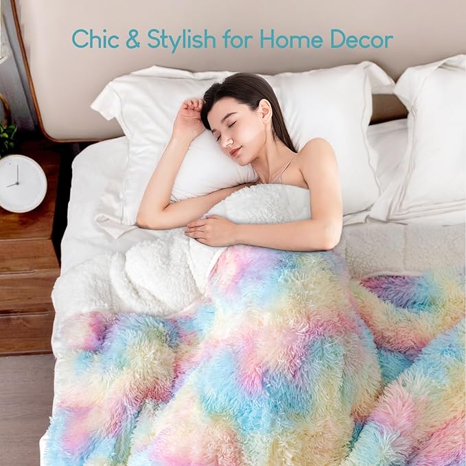 Cottonblue Faux Fur Weighted Blanket 15 lbs for Adult 48x72 Inches, Plush Shaggy Fluffy Throw Blanket Twin Size, Cozy Warm Furry Weighted Blanket for Couch Sofa Chair Home Decor, Rainbow